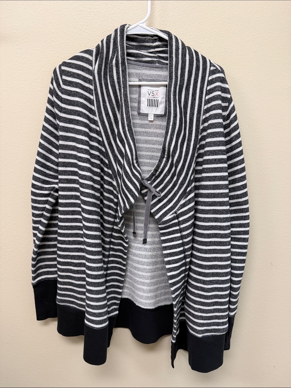 VSX Gray Black & White Striped Open Front Shawl Cardigan Drawstring Cowl neck